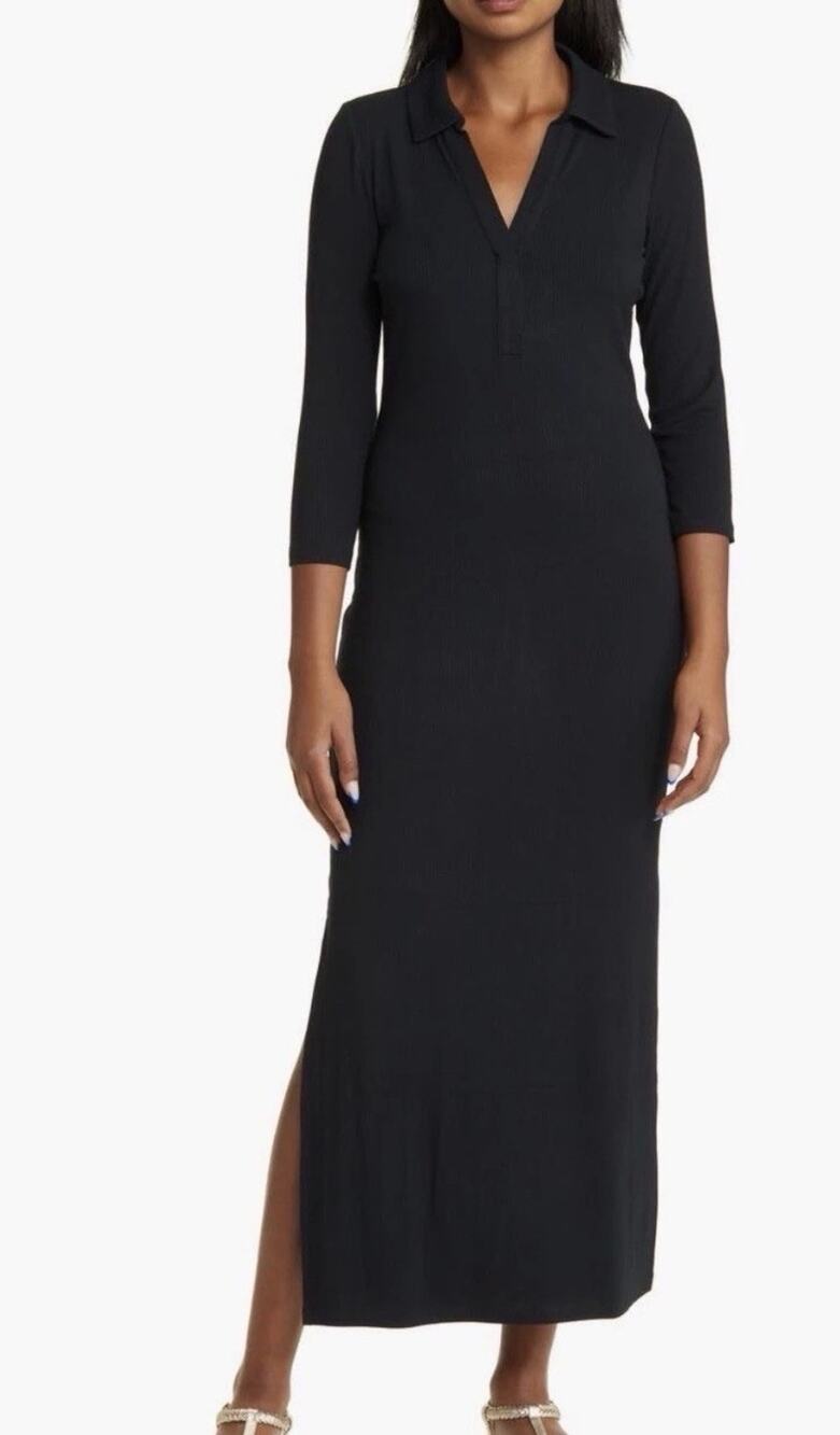 LILLY PULITZER BLACK OLLIE 3/4 SLEEVE MAXI POLO DRESS SZ L